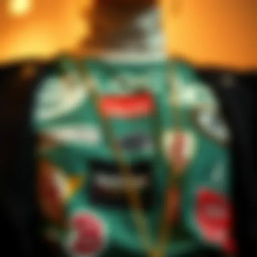 A stylish close-up of a name dropper clothing item showcasing distinct brand logos.