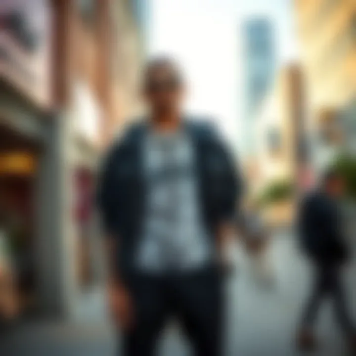 A fashion-forward individual wearing name dropper clothing in an urban setting, reflecting modern style.