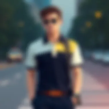 A fashionable outfit featuring a color block polo shirt paired with complementary accessories