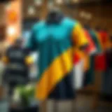 A stylish display of a color block polo shirt showcasing bold hues and patterns