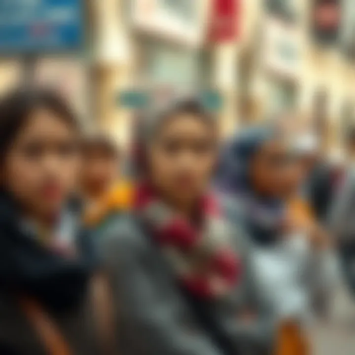 A modern street style scene featuring individuals wearing headscarves in unique ways