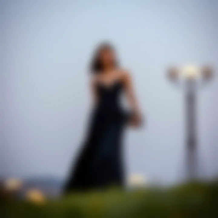 A stylish pairing of a long dress with accessories for a formal occasion.