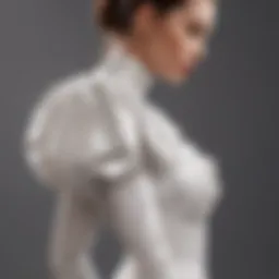 A detailed view of the one shoulder puff sleeve bodysuit showcasing its elegant design and fabric