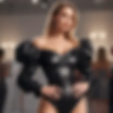 A model wearing the one shoulder puff sleeve bodysuit at a chic event, exemplifying its versatility