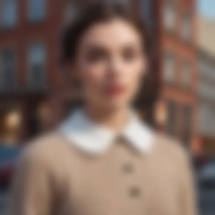 A stylish model wearing a Peter Pan collar sweater paired with modern accessories in an urban setting