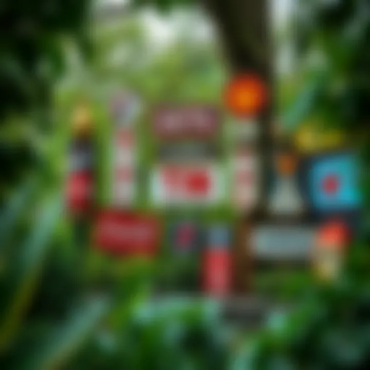 Artistic Tin Sign Arrangement in Lush Greenery An artistic arrangement of tin signs creating a focal point amidst lush greenery.