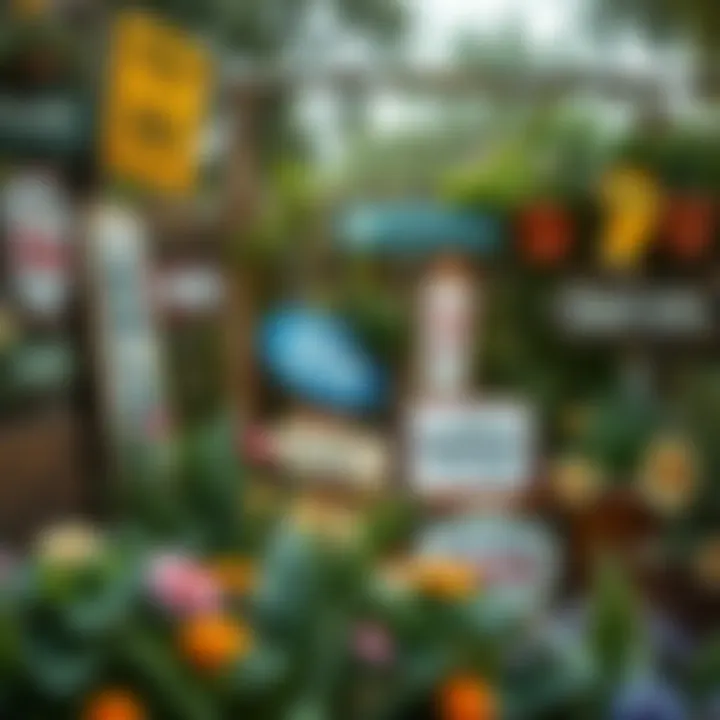 Diverse Themes in Rustic Garden Tin Signs A rustic garden featuring a collection of tin signs reflecting various themes and designs.