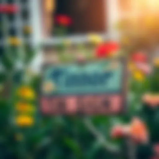 A vintage tin sign adorned with floral motifs, blending seamlessly with a garden backdrop.