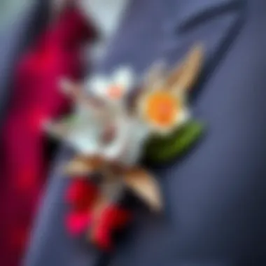 Close-up of a unique memorial boutonniere pin adorned with flowers