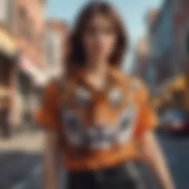 Model wearing a tiger print shirt in a vibrant urban setting