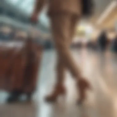 Traveler using a trolley bag with a shoe compartment at an airport