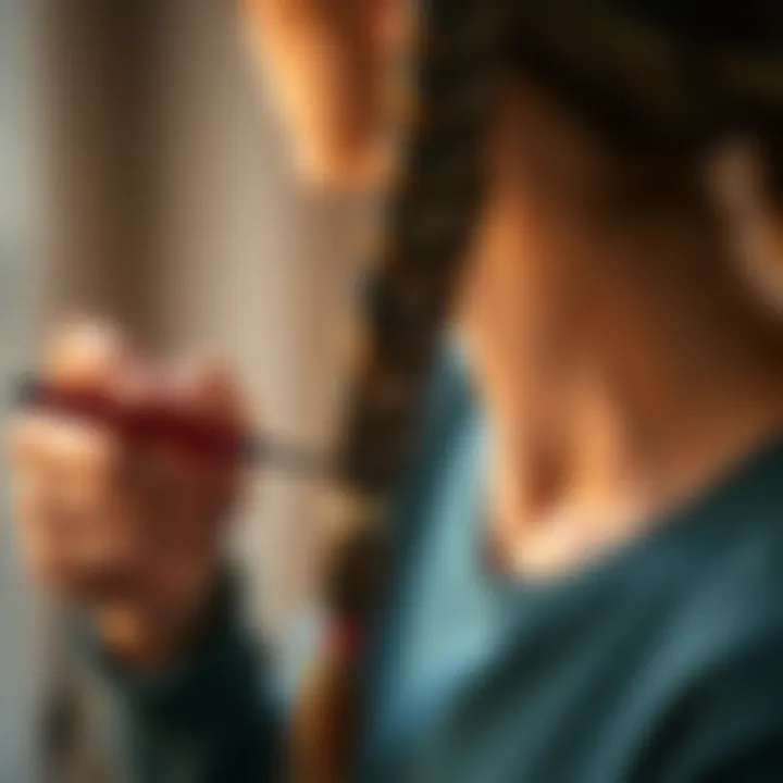 Close-up of a user demonstrating a French braid helper tool