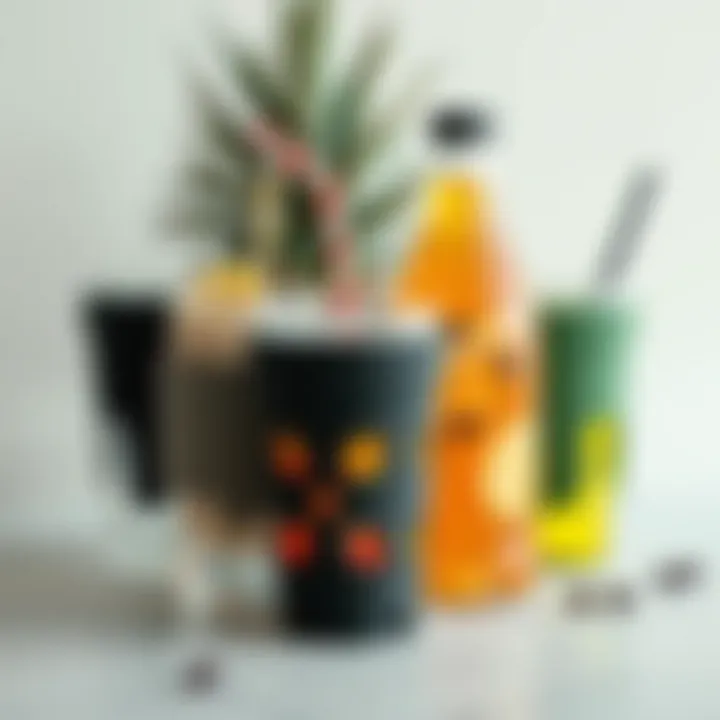 Silicone drink covers arranged artistically with various beverages