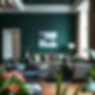 Elegant living room featuring dark green removable wallpaper