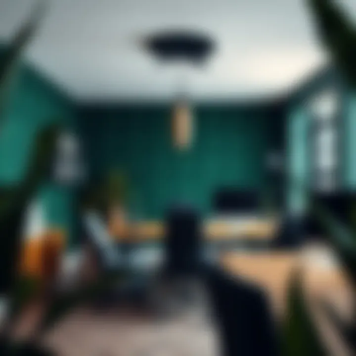 Modern office space adorned with dark green wallpaper