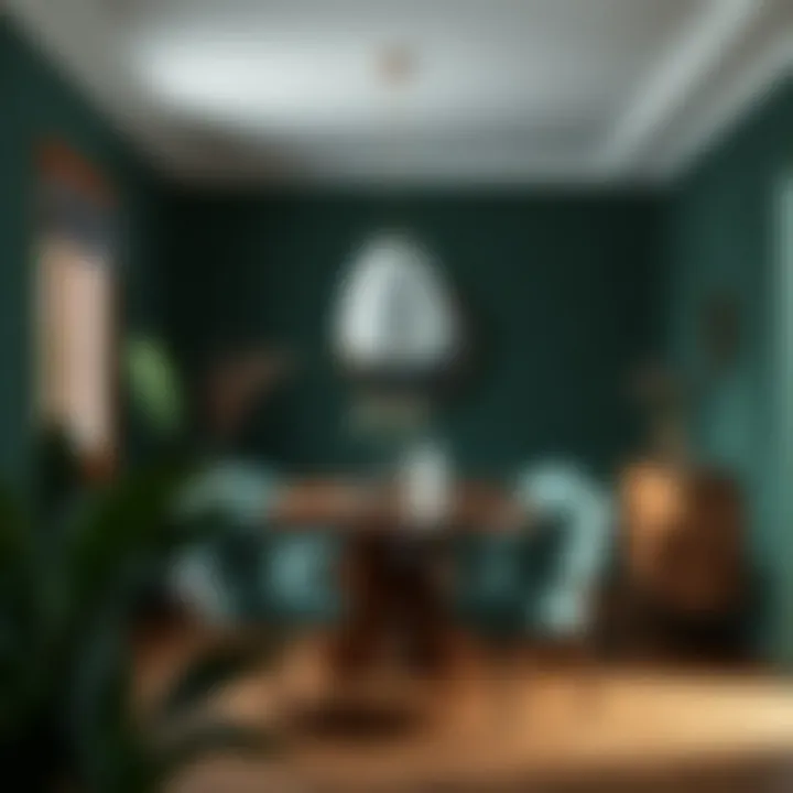 Stylish dining area with dark green wallpaper