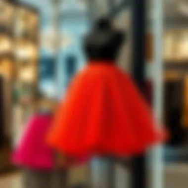 A vibrant puffy tulle skirt displayed on a mannequin in a chic boutique