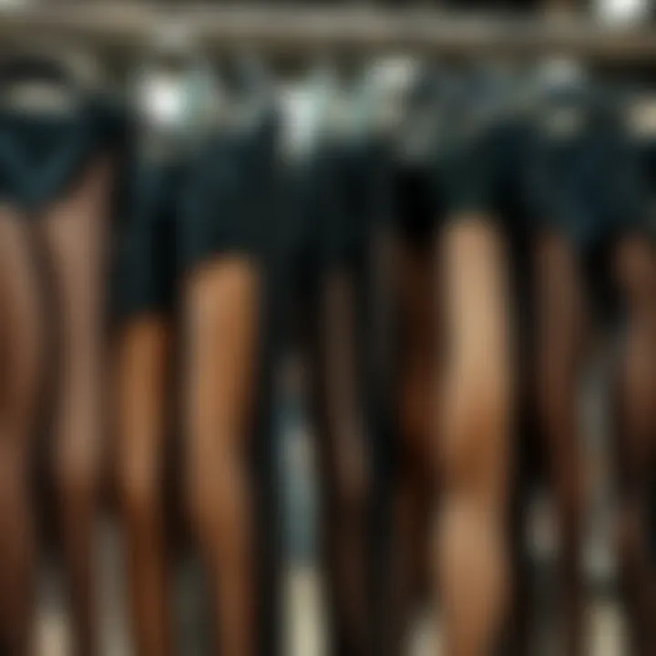 Different styles of toeless fishnet tights displayed on hangers