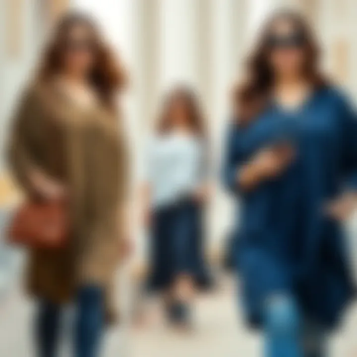 Model showcasing diverse styles with navy blue tunics in various settings