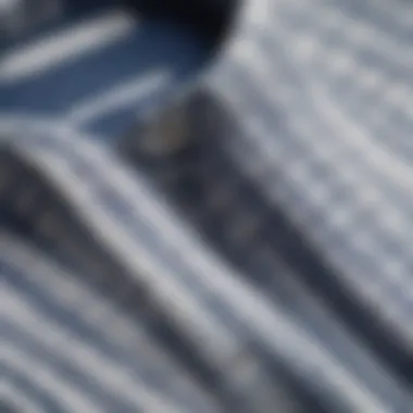 Close-up of the fabric texture of a white and blue plaid shirt showcasing its quality