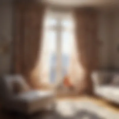Modern living room featuring vintage embroidered curtains as a focal point