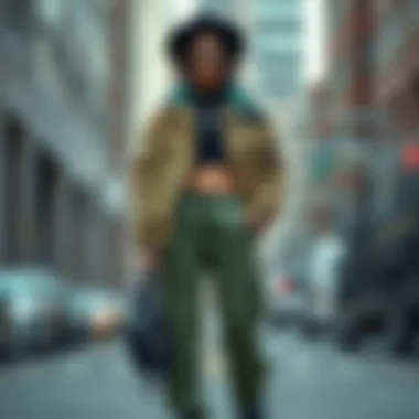 Fashion-forward look with layered outfits incorporating green cargo pants