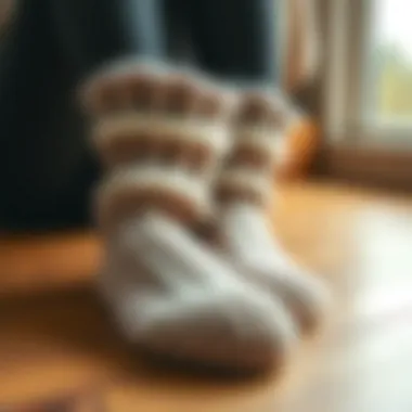 The Comfort of Fluffy Wool Socks Cozy knitted wool socks on a wooden floor