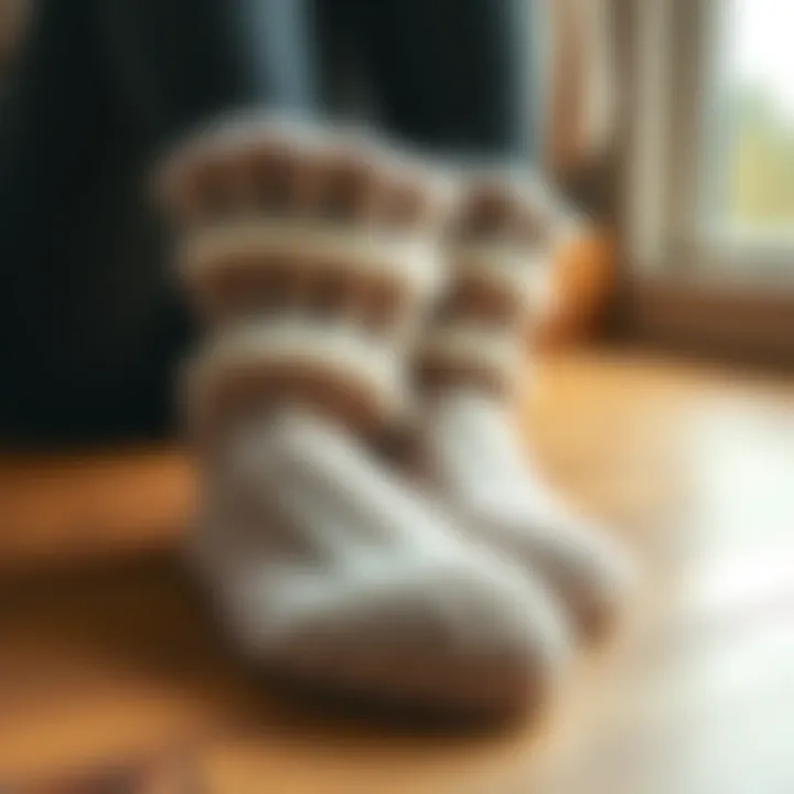 The Comfort of Fluffy Wool Socks Cozy knitted wool socks on a wooden floor