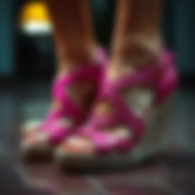 Intricate Design of Fuchsia Pink Wedge Sandals Close-up of the intricate design and texture of fuchsia pink wedge sandals
