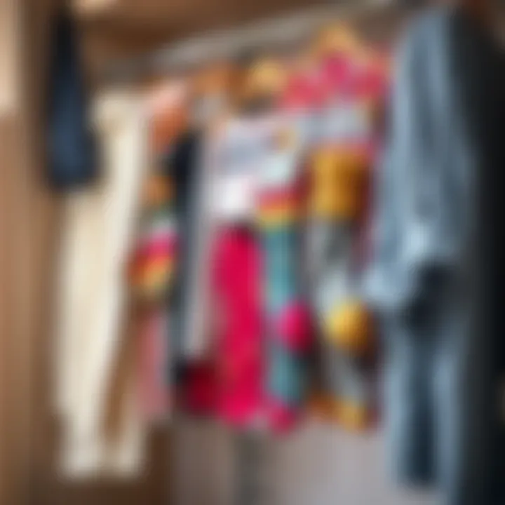 Colorful fabric sock organizer hanging in a stylish wardrobe