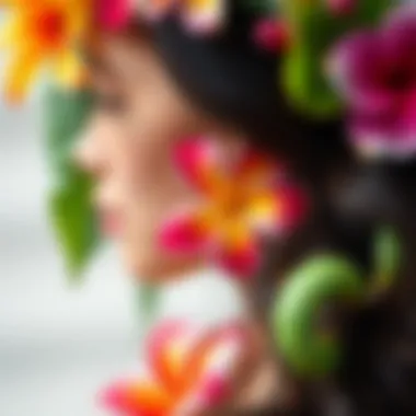 A close-up of various Hawaiian flowers used in hair adornments with rich colors