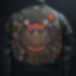 A detailed view of intricate patches on a bomber jacket