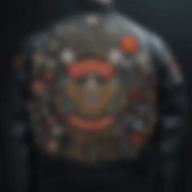 A detailed view of intricate patches on a bomber jacket