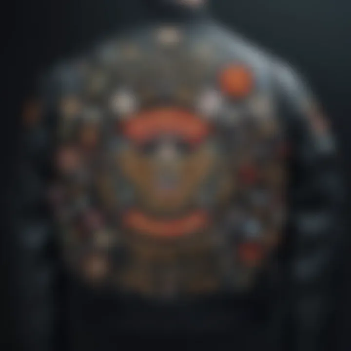 A detailed view of intricate patches on a bomber jacket