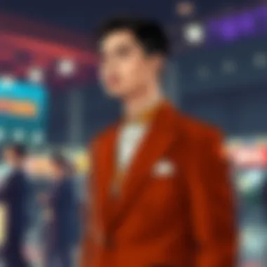 Fashionable individual wearing a mandarin collar suit at an event