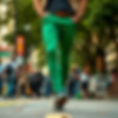 Cultural representation of green skinny jeans in various fashion contexts