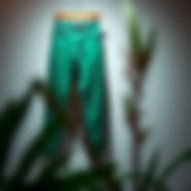 A stylish pair of green skinny jeans showcased on a minimalist backdrop