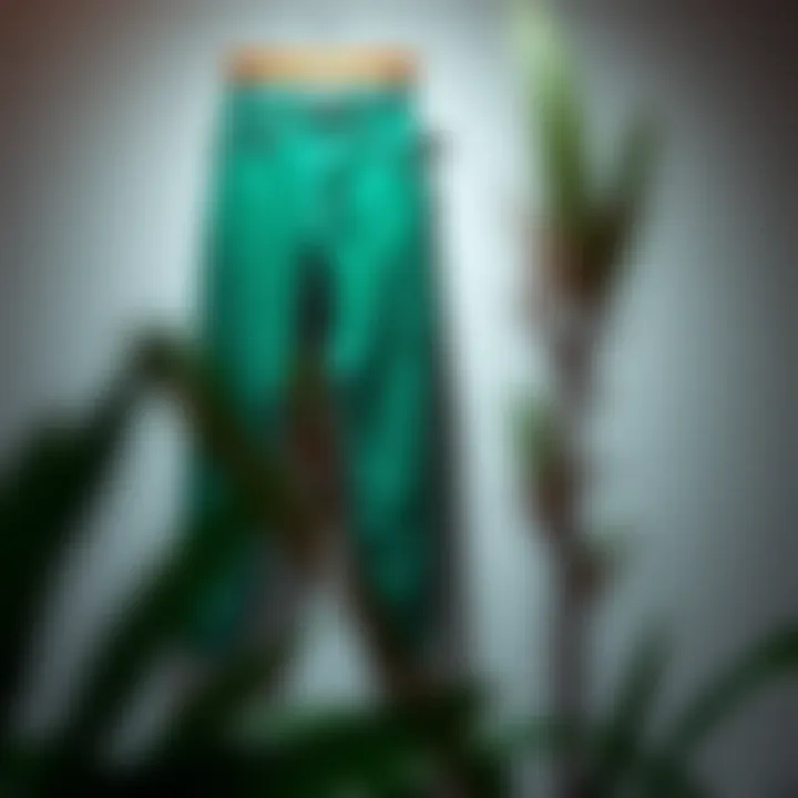 A stylish pair of green skinny jeans showcased on a minimalist backdrop