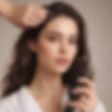 A person using a detangling spray on hair before brushing