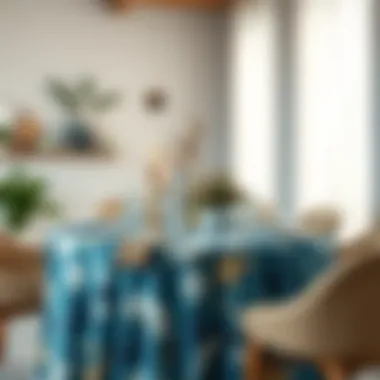 A beautifully set dining table adorned with ocean-inspired table cloth