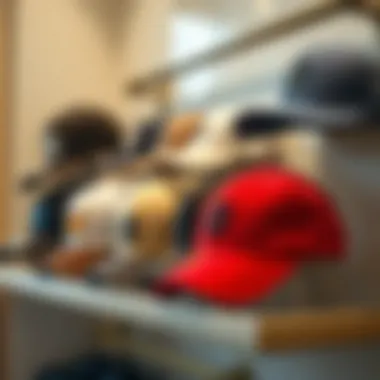 A stylish arrangement of baseball caps on an elegant shelf.