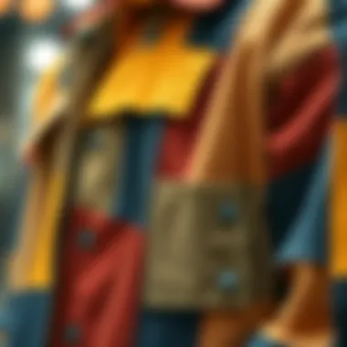 Intricate Patchwork Design A close-up view showcasing the intricate patchwork design of a corduroy jacket.