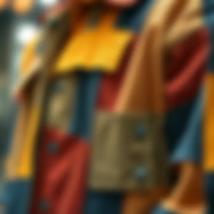 Intricate Patchwork Design A close-up view showcasing the intricate patchwork design of a corduroy jacket.