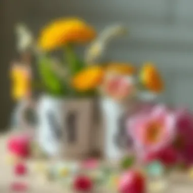 Artistic Mug Arrangement with Flowers Artistic arrangement of personalized mugs with flowers