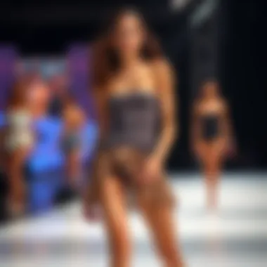 A fashion runway showcasing modern interpretations of skirted one-piece swimsuits in contemporary trends