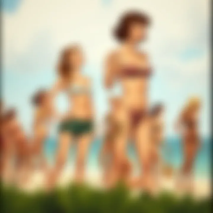 A vintage illustration showcasing the evolution of swimsuit designs over the decades