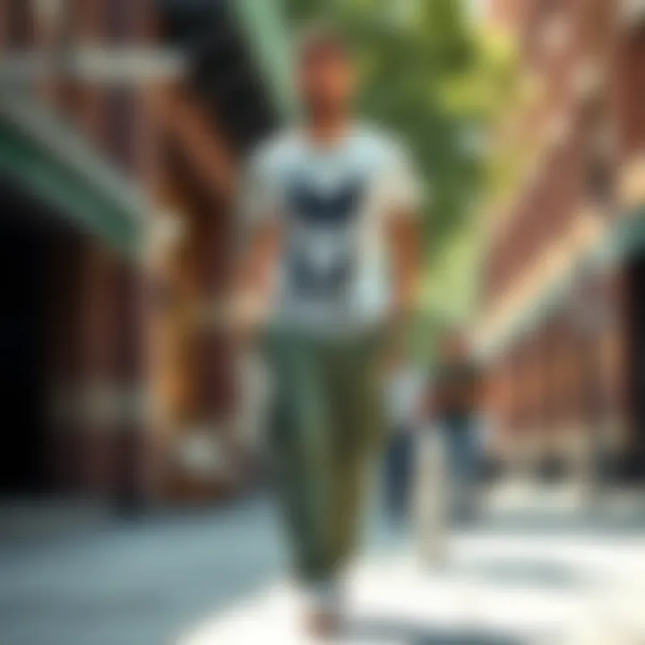 Street style ensemble featuring green cargo pants paired with a graphic tee