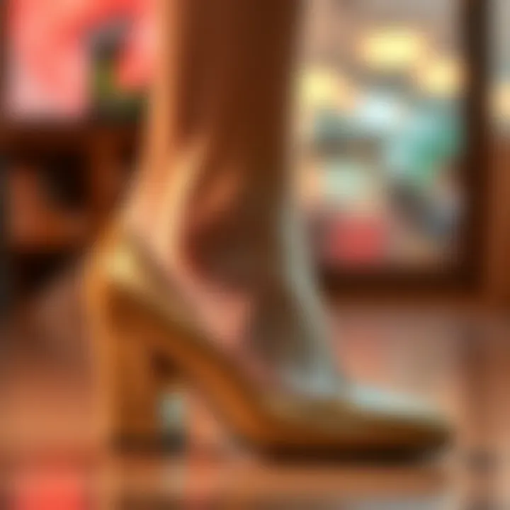 Woman testing heel pads in a stylish shoe, focusing on comfort and fit