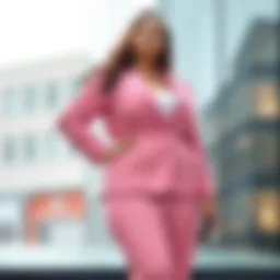 Elegant plus-size pink suit on a model posing confidently