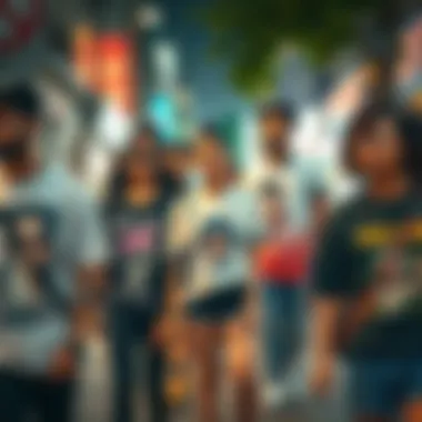 T-Shirts in Urban Fashion A vibrant street scene featuring individuals expressing their identities through t-shirt designs.